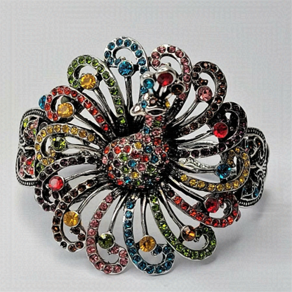 Big Peacock Hinged Bangle Bracelet